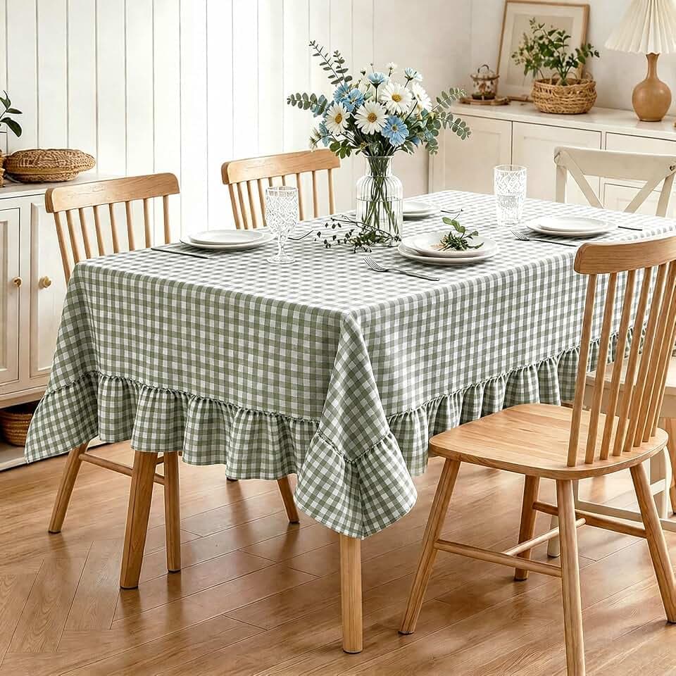 Gingham Ruffled Tablecloth Rectangular, Washed Cotton Buffet Cottage Coquette Checker Plaid Vintage Decorative Tablecloth(60"x120", Sage Green)