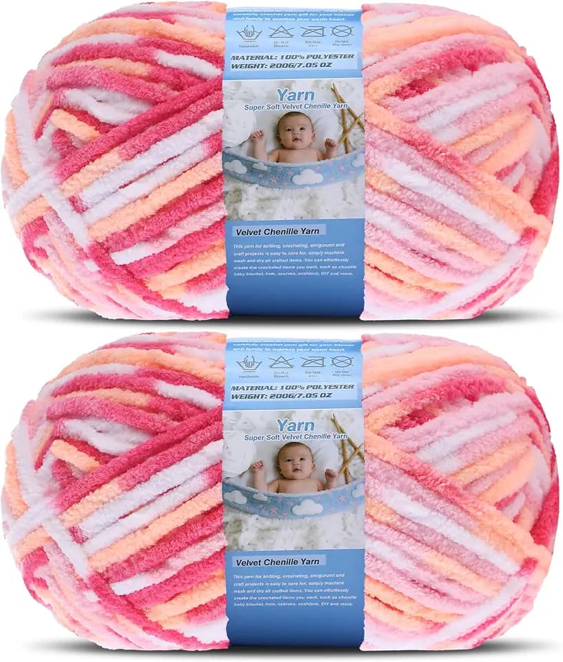 Super Bulky Blanket Yarn for Crocheting - 2 Pack of 200g/7.05oz 174yd/160m Super Soft Chenille Plush Yarn - Bulk Thick Yarns Used for Making Scarves, Baby Blanket, DIY Craft (2, Colorful-G)