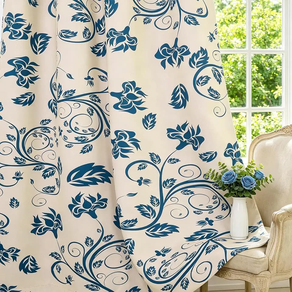 Blue Floral Blackout Curtains 63 Inch Long, Scroll Flower Patterned Black Out Curtains with Grommet, Soundproof Window Treatment Drapes for Bedroom Living and Dining Room, Beige, 52W X 63L