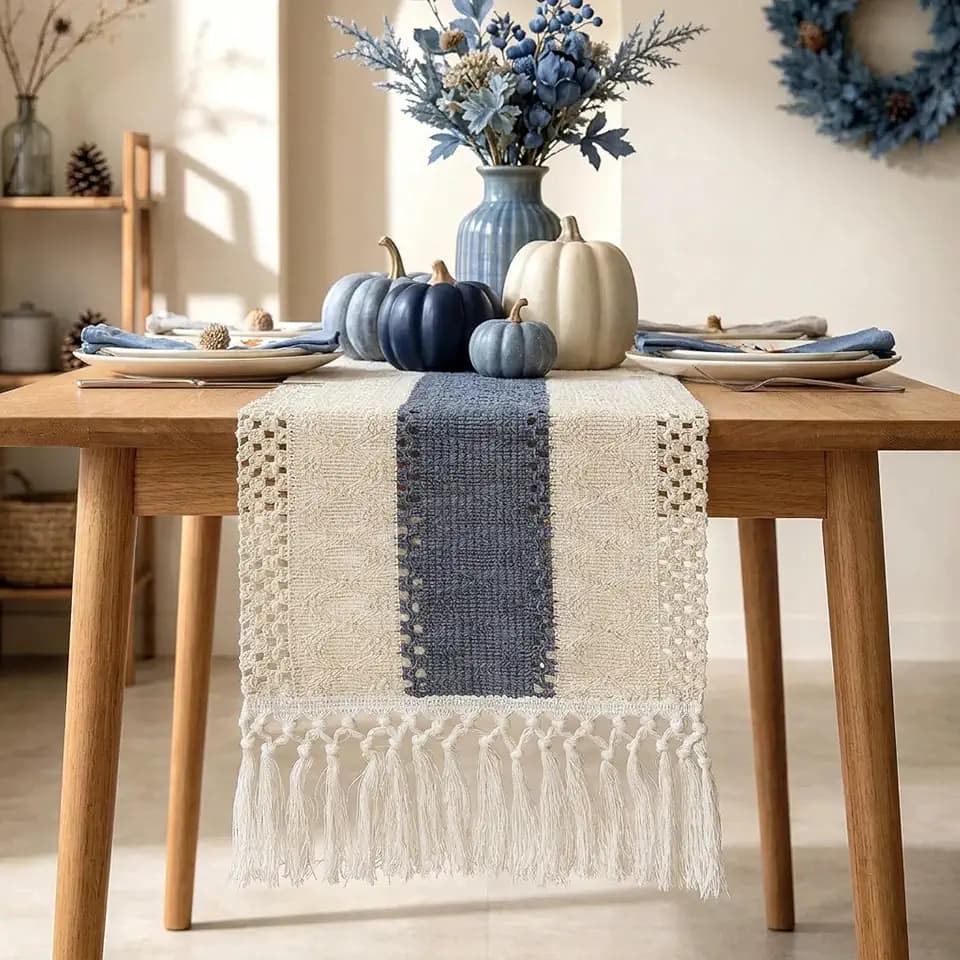 yuboo Boho Macrame Dresser Runner, Navy Blue Coffee Table Runner Short, Rustic Summer Coastal Table Runner Farmhouse Style for Nightstand, End Table, Desk Table, Bohemian Dresser Decor, 48 Inches Long