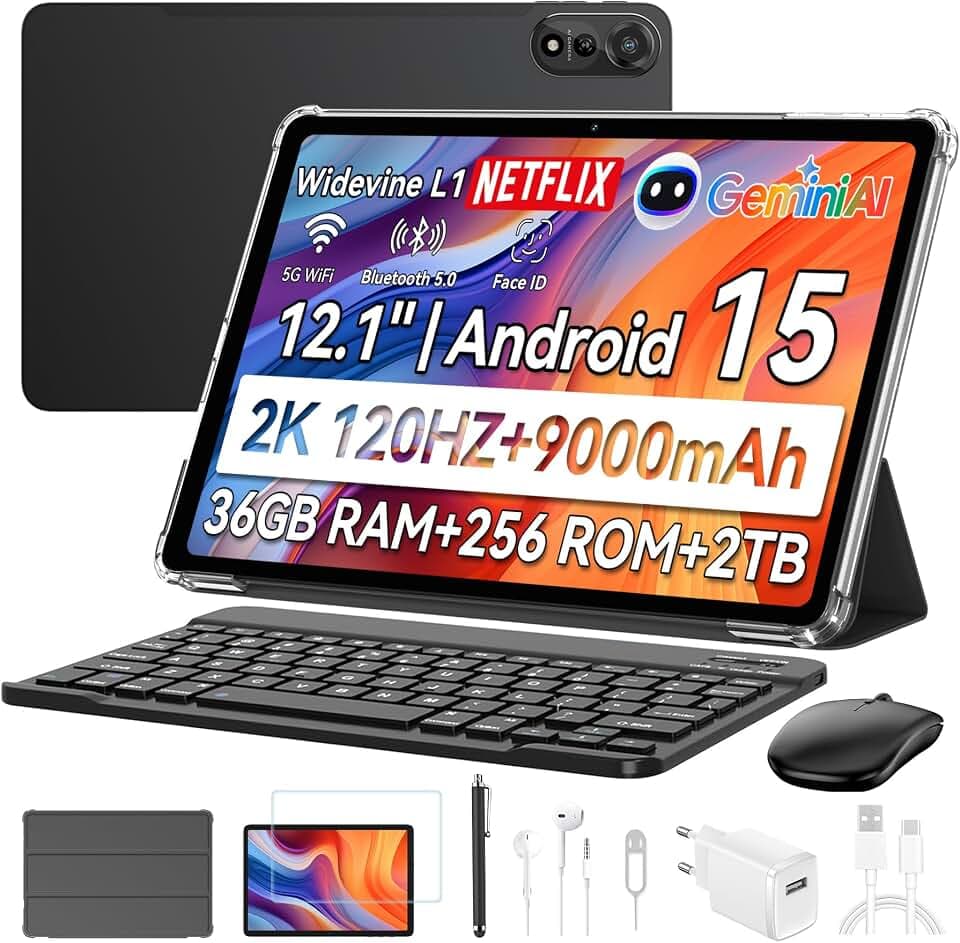 Blackview Mega2 Android 15 Tablet 12 Zoll, 24GB RAM+256GB ROM, 2K FHD Gaming Tablet mit Tastatur Maus Stift Kopfhörer, 4G LTE+5G WiFi, 9000 mAh, WideVine L1, Dual Kamera, Face ID, GPS, Hülle