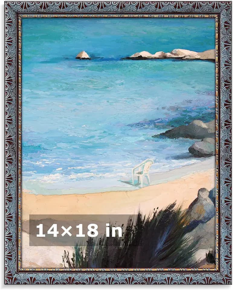 HLiWEGNS Vintage Brown 14x18 Frame, Single Frame, Wood Poster Frame with Blue Finish for 14 x 18 Poster, Antique Ornate Frame for Wall Decor, Gallery Artwork, Photo Display