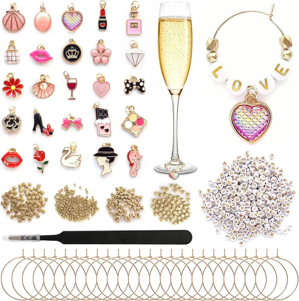DIY Wine Glass Charms Kit, 25pcs Personalized Reusable Drink Marker Tags, Glass Identifiers for Wine Tasting Party, Unique Hostess Gifts & Party Decorations