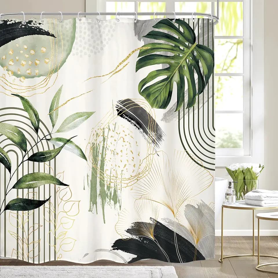 Grey Green Boho Abstract Tropical Palm Bathroom Shower Curtain Set