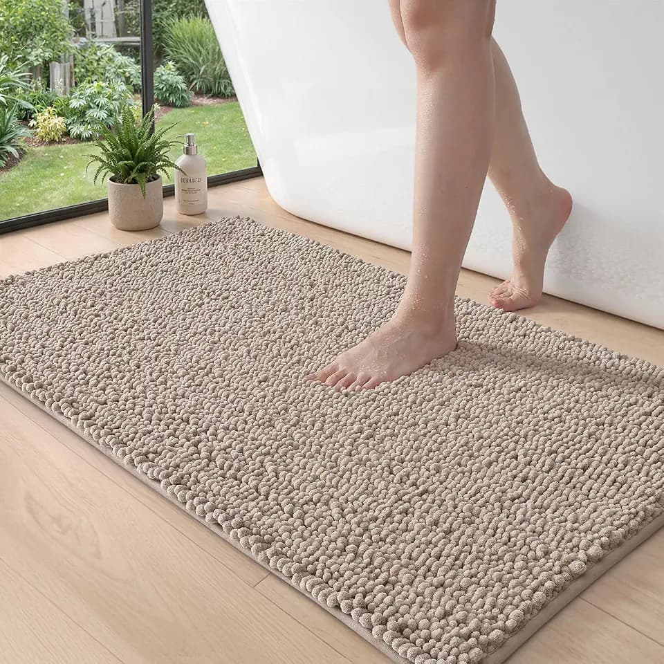 DEXI Chenille Bathroom Rugs 43x24, Bath Mats Non Slip Washable, Dark Beige