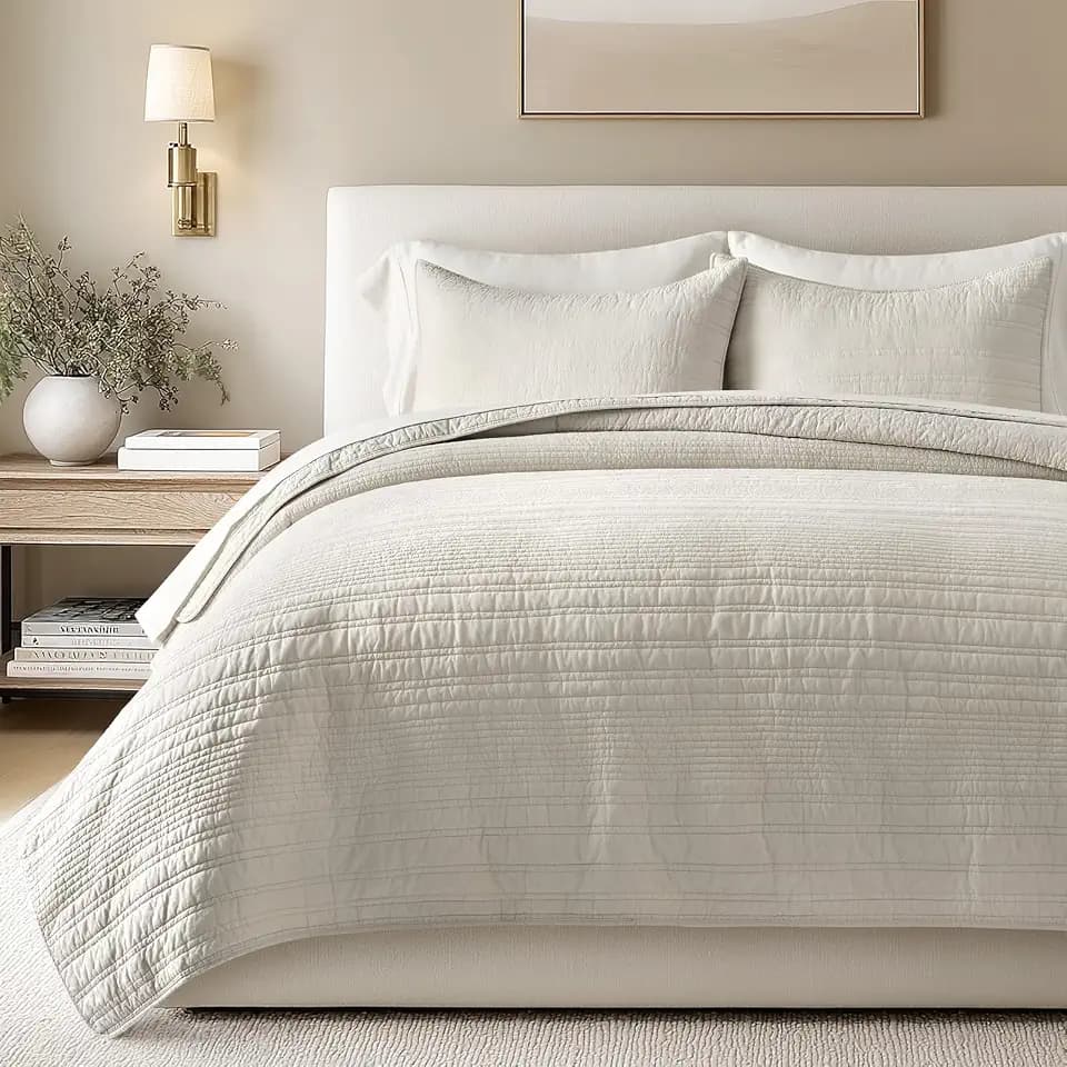 EVERGRACEHOME 100% Cotton Modern Lines Quilt Set King Size, Birch