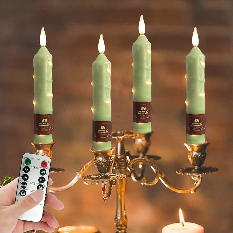 6.5 inch Green Flameless Candle with String Light Window Candles with Remote Timer Battery Operated Taper Candle LED Taper Candles Set of 4