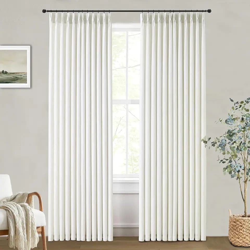 Natural Pinch Pleated Linen Semi Sheer 84 Inch Curtains 2 Panels Back Tab or Ring Hooks, Light Filtering for Living Room Bedroom