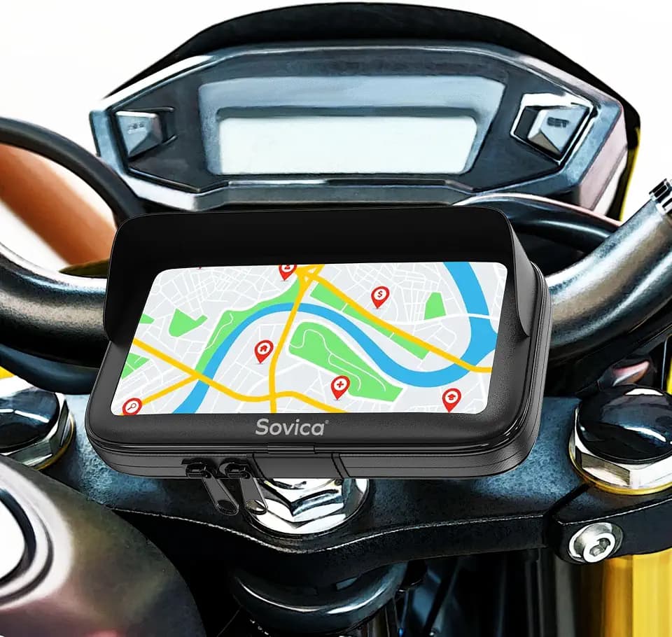 Motorrad Handyhalterung wasserdicht für Smartphones bis 7,5" | Gültig für Lenker aller Dicken und Formen, Hülle mit Visier