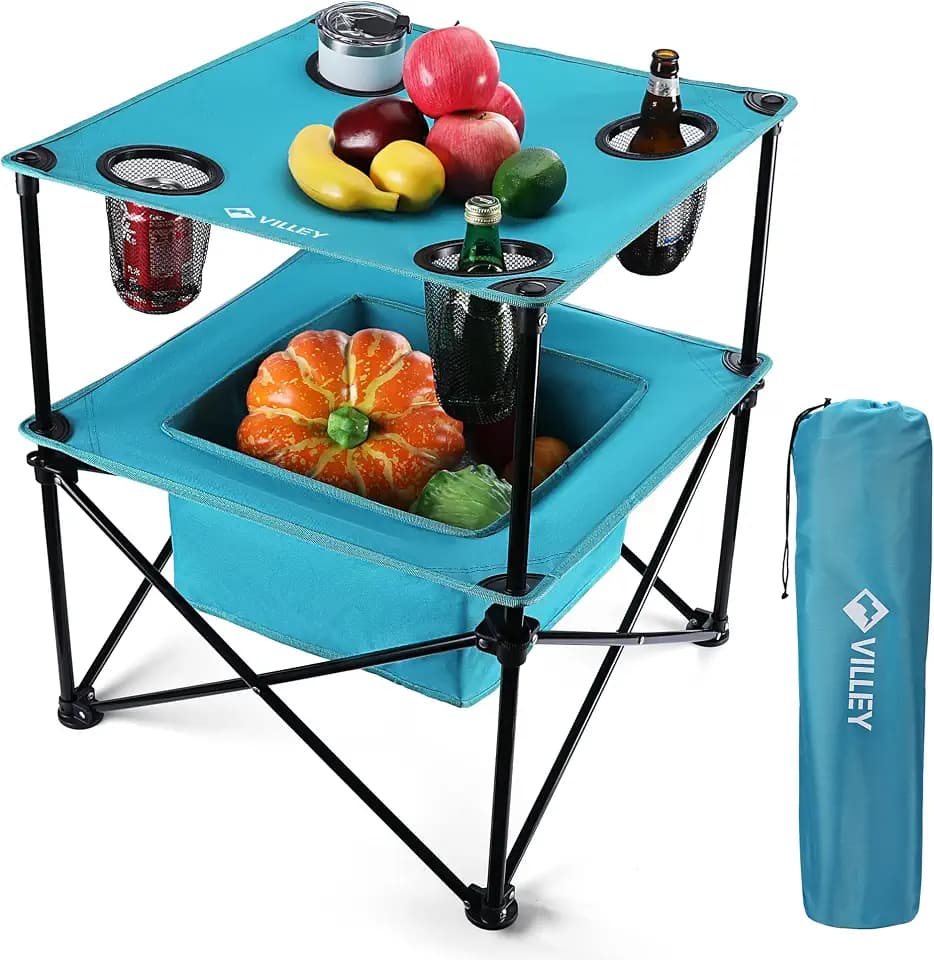 VILLEY Folding Camping Table, Double-Layer Beach Table with Storage