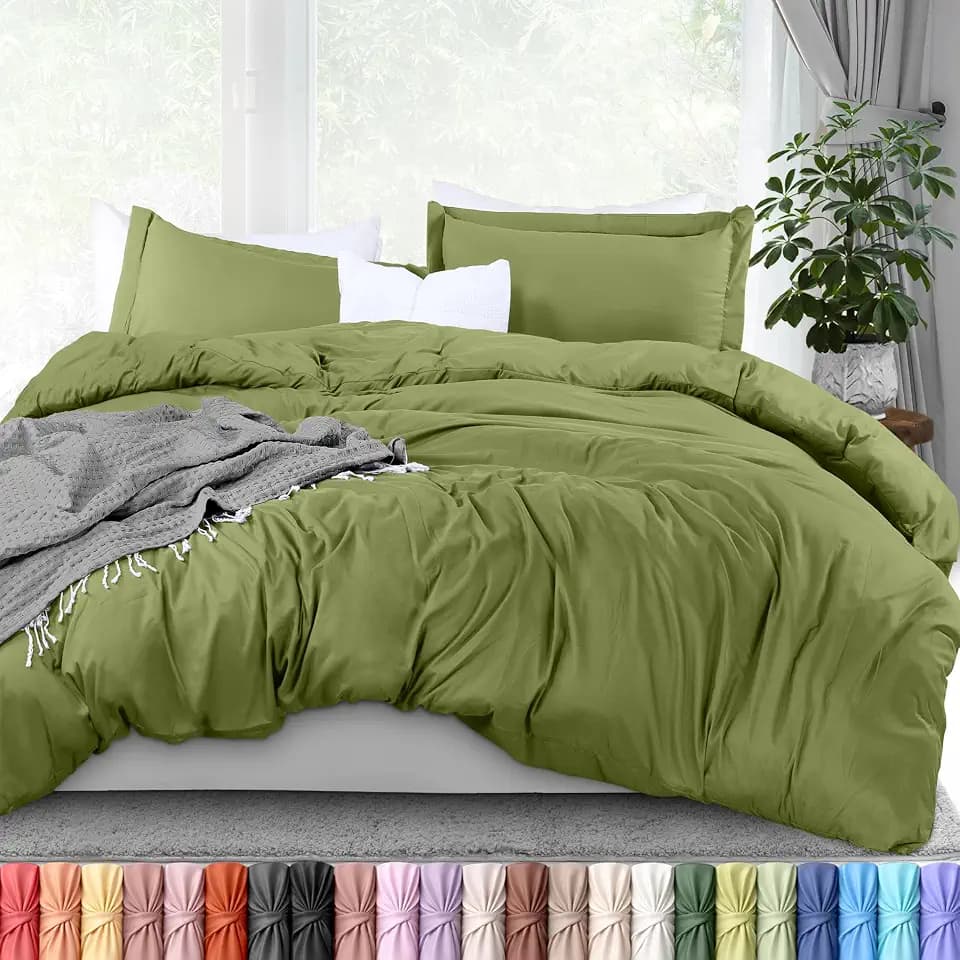 Duvet Cover Queen, 3 Piece Cotton Like Polyester with Zipper Closure, Olive