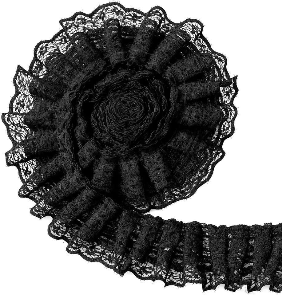 5 Yards Double Layer Ruffle Trim, 1.97 in Width Black Lace Ribbon, Vintage Lace Fabric Embroidered for Sewing, Clothes, Dresses, Craft, Bag, Gift Package, Wedding Decoration