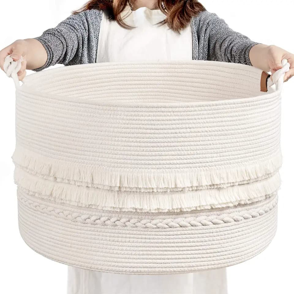CherryNow 90L Large Woven Rope Blanket Basket with Tassel, 22" x 14", White