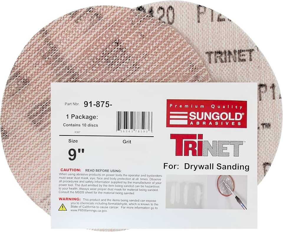 Sungold Abrasives 91-875-060 Trinet Mesh 60 Grit Hook & Loop Stearated Aluminum Oxide Sanding Discs for Drywall Sanders, 10 Pack, 9"