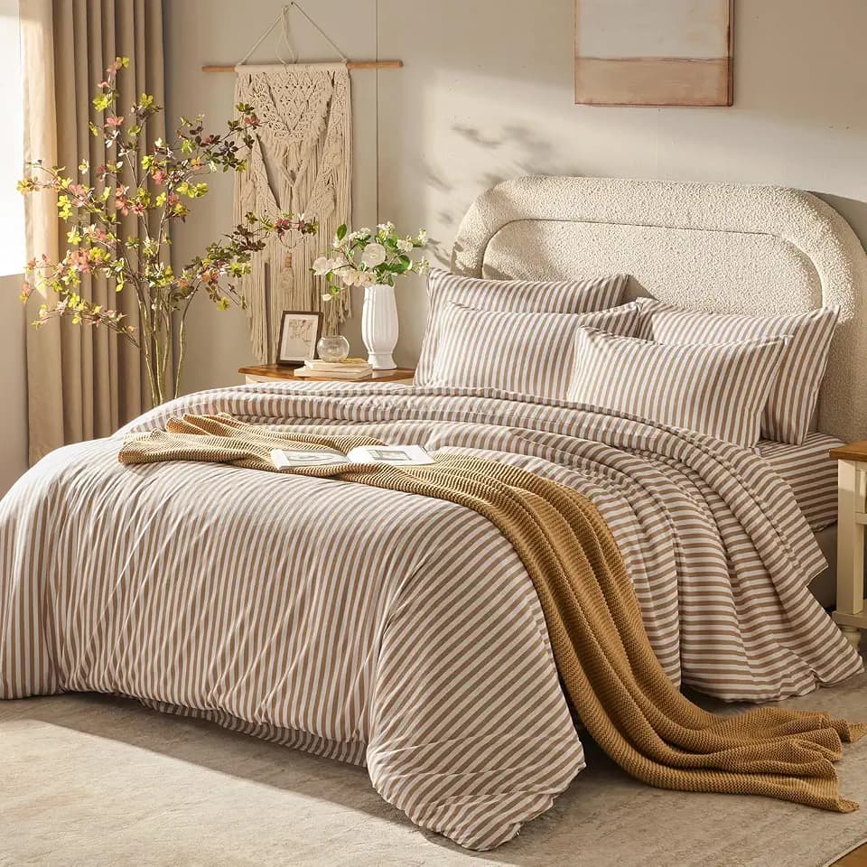Litanika Full Comforter Sets 7 Pieces Tan White Striped