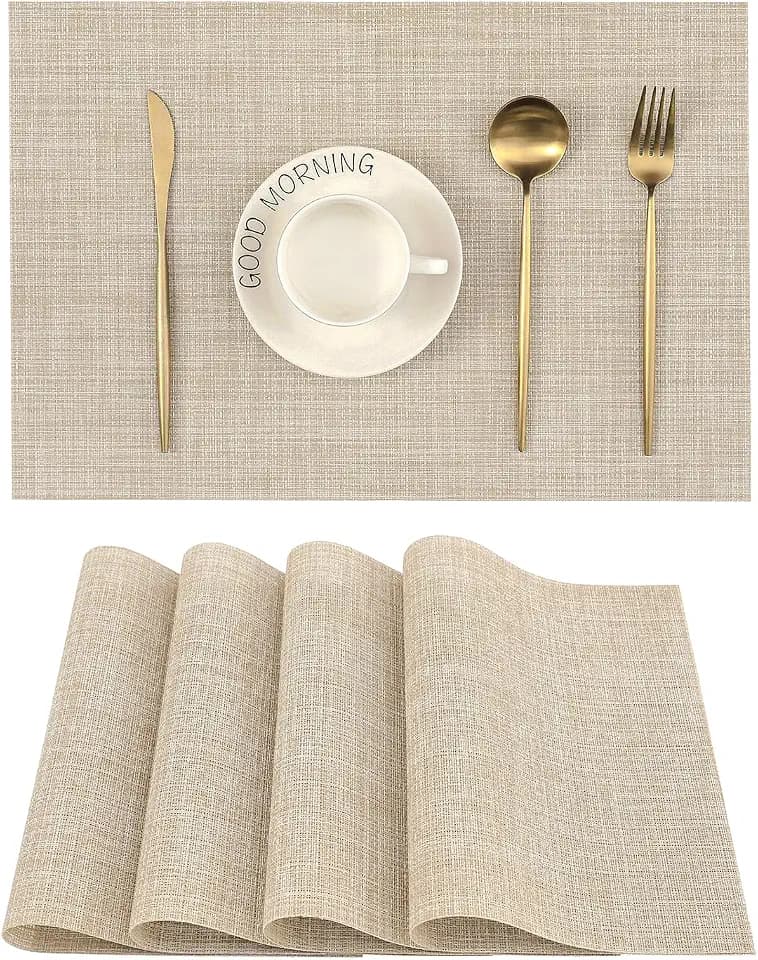 Beige Placemats Set of 4 - Heat-Resistant, Non-Slip Table Mats, Washable Woven Vinyl for Indoor & Outdoor Dining