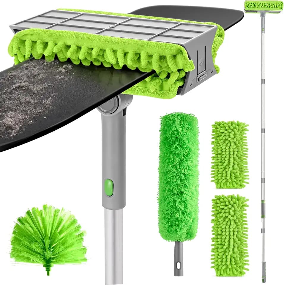 Ceiling Fan Cleaner Duster with 77" Extension Pole, 4-in-1 Reusable Microfiber & Chenille Fan Blade Cleaner, Bendable Fan Duster for Ceiling Fan Blade Blinds Baseboard Cobweb