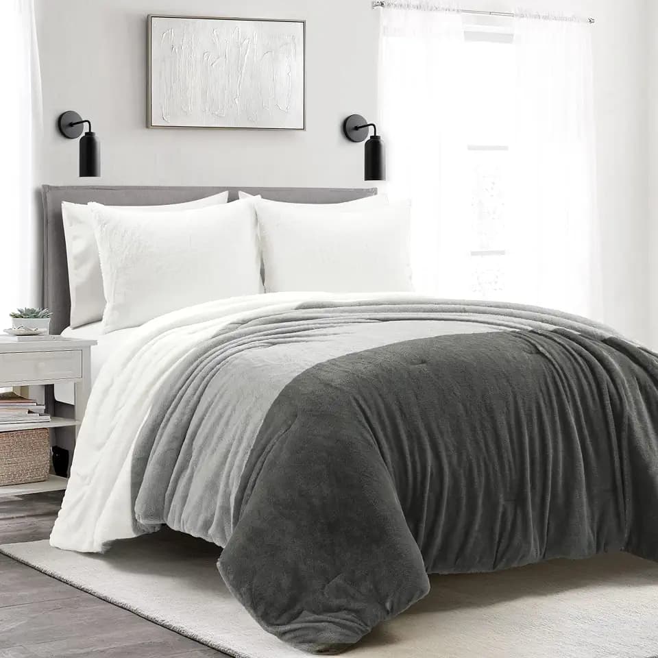 Lush Decor Farmhouse Color Block Soft Fluffy Faux Fur All Season Comforter Set, King, Light Gray - Plush 3 Piece Bedding Set