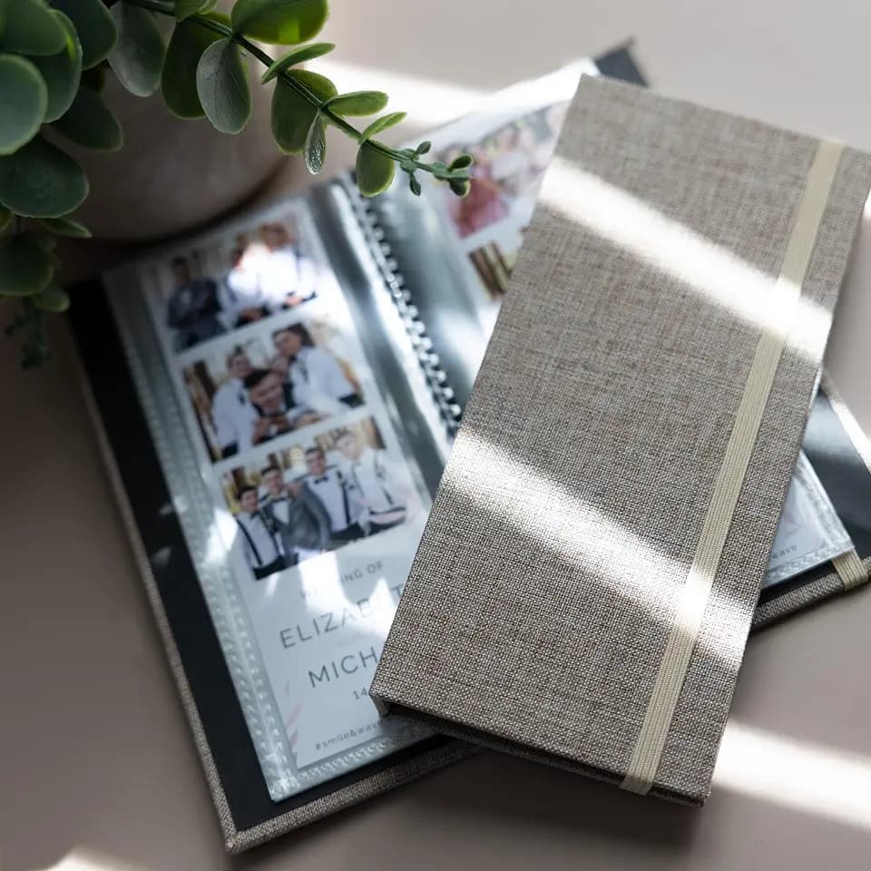 Photo Booth Photo Album - For Wedding or Party - Side Slide In 2X6 Picture Holder – Guest Book & Party Memory Keepsake – Woven Hard Cover With Band Keeps Prints Safe (LINEN BEIGE)