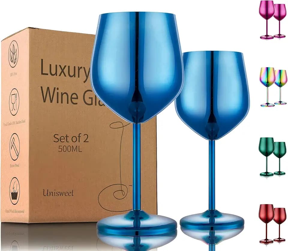 UNISWEET Unbreakable Stainless Steel Wine Glasses Set of 2, Blue