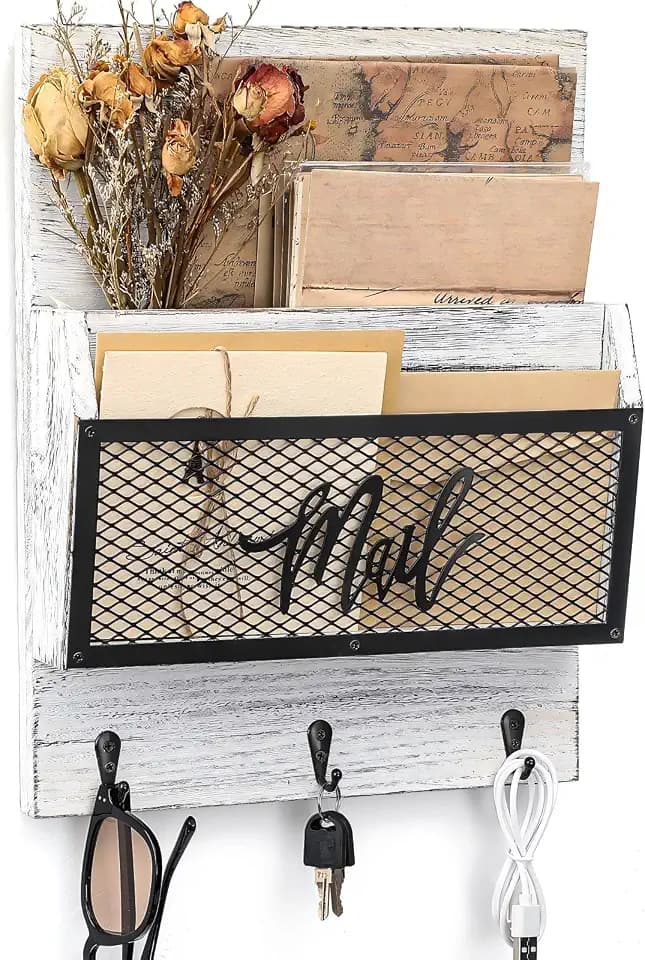 Yalikop Farmhouse Mail Organizer Wall Mounted Rustic Mail Holder Hanging Key Sorter with 3 Hooks Indoor Wooden Wall Mounted, Letter, Magazines, Newspapers, Keys(Classics,White Gray)