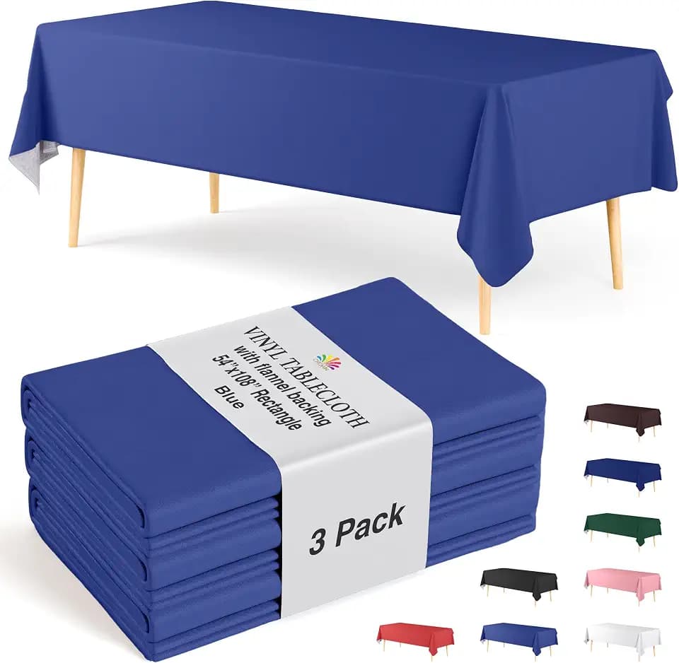 Exquisite Blue Vinyl Tablecloths - 54 in. X 108 in. - Pack of 3 Rectangle Tablecloths with Flannel Backing - Plastic, Reusable & Waterproof