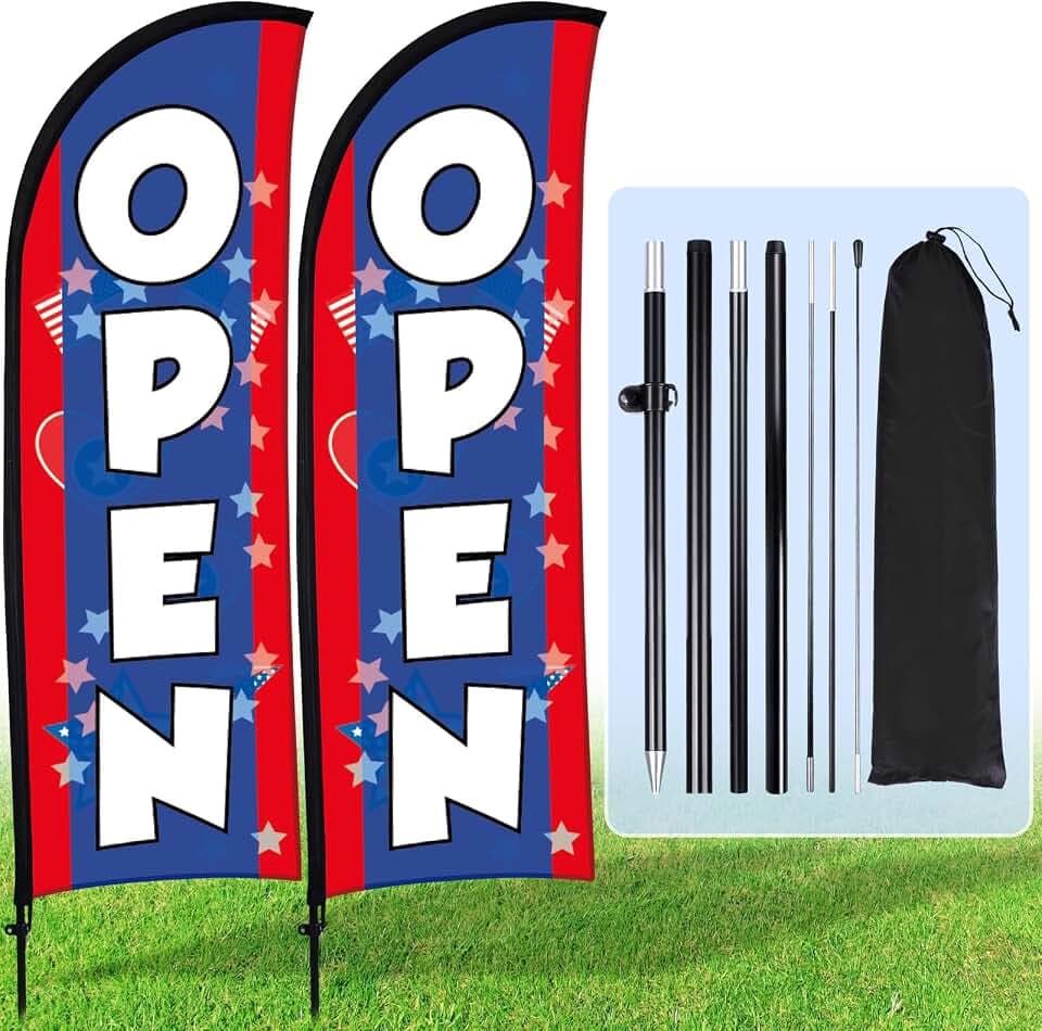 Buryeah 2 Sets Open Feather Flag with Pole Kit and Ground Stake 8ft Advertising Sign Banner Swooper Flag with Ground Stake and Portable Bag for Business Outside Event