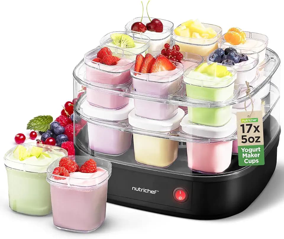 Nutrichef 17 Cup Automatic Yogurt Maker | Includes 17 - 5 oz Reusable Cups with Lids & Yogurt Rack for Instant Storage | Makes Up to 85 OZ of Yogurt | Greek Yogurt Maker | Space Saving design | Black