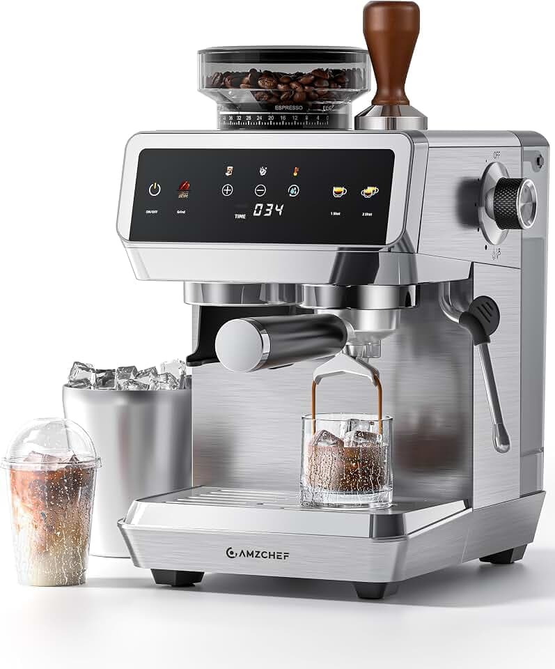 AMZCHEF Espresso Machine With Grinder, Temp Control, 44 Grind Settings