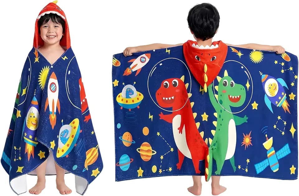 OLAOLA Space Dinosaur Hooded Towel for Kids 3-12 Years, 28" x 53" Soft Thick Microfiber Ultra Absorbent Bath Towel Wrap, Beach Pool Swim Poncho for Boys Girls Toddler