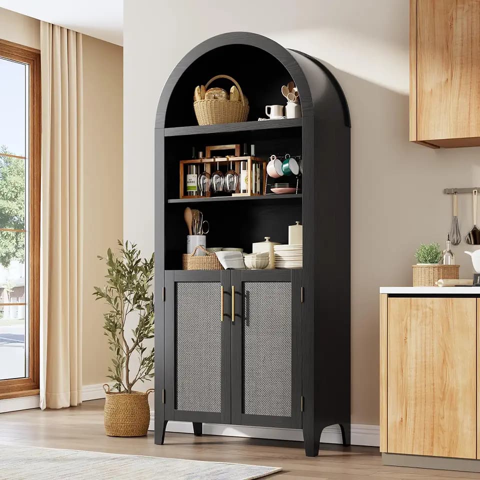 Arched Kitchen Pantry Cabinet with Doors, 5-Tier Open Display Shelf, Black