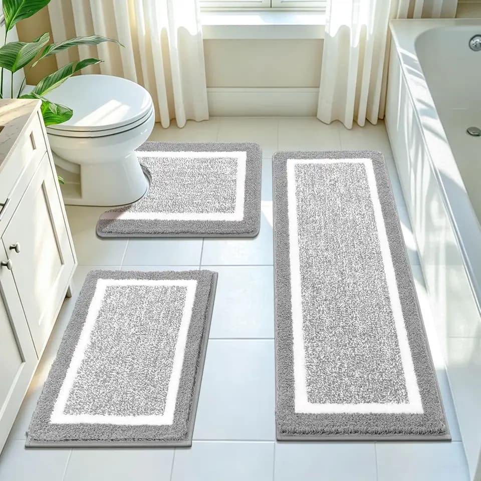 Pauwer Bathroom Rugs 3 Piece Set, Non Slip Washable Bath Mat, Light Grey