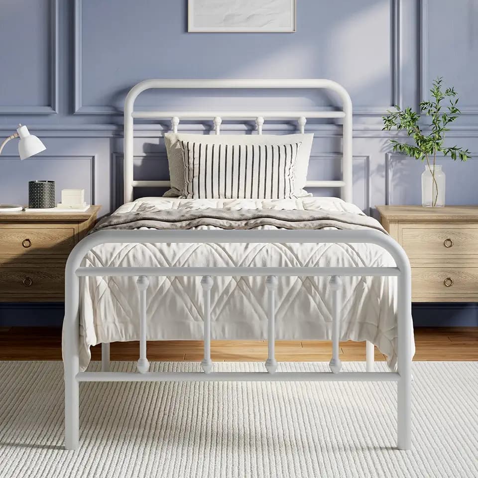 Novilla Metal Bed Frame Twin Size - Modern Minimalist Victorian Style with Headboard/Footboard, Heavy-Duty Steel Slats/Underbed Storage/No Box Spring Needed/Easy Assembly/Noise Free/White