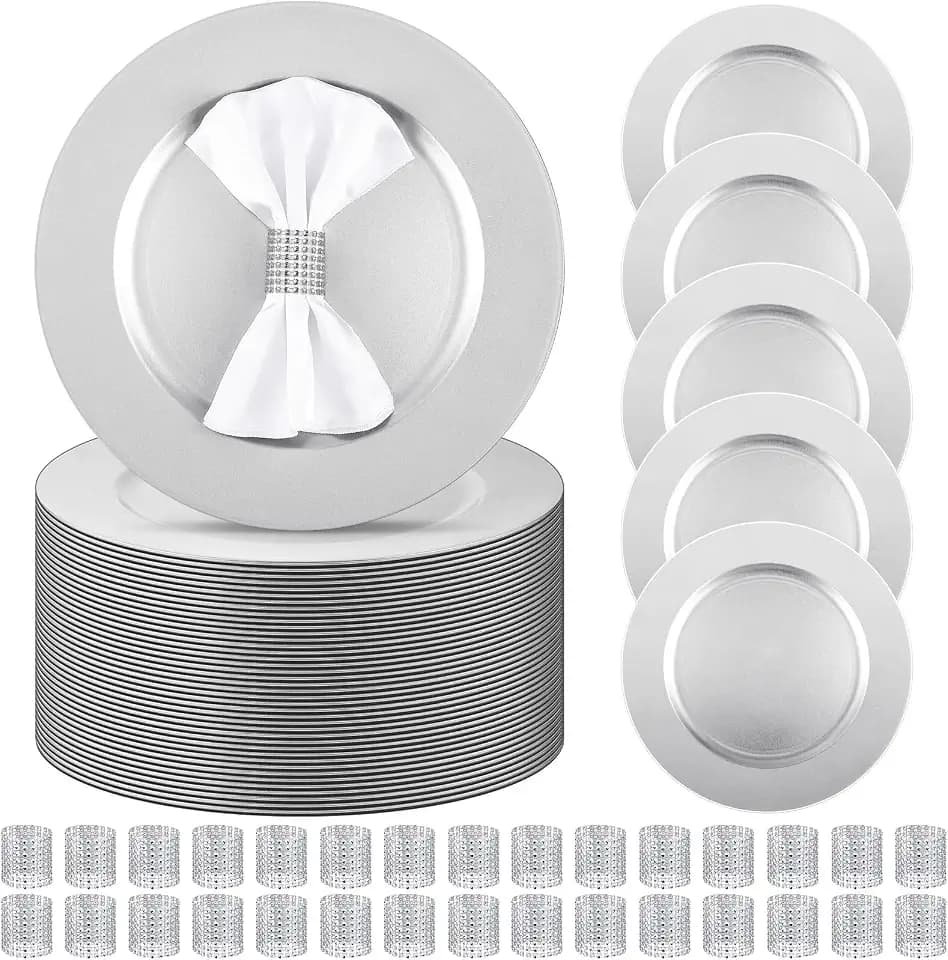 100 Pieces Charger Plates Bulk with Napkin Rings,Simple Style,Silver