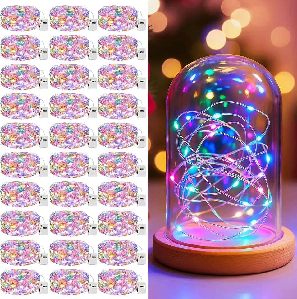 litogo 30 Pack 7FT 20 LED Fairy Lights Battery Operated, 3 Lighting Modes, Bulk Mini Twinkle String Lights Waterproof Silver Wire for Weddings Mason Jars Party Christmas Decorations-Multi-Colored