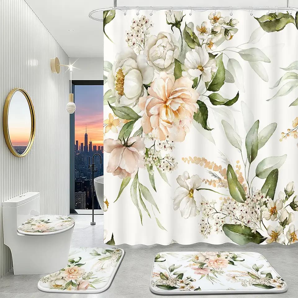 Floral Bathroom Shower Curtain Set with Rugs and Hooks,16PCS