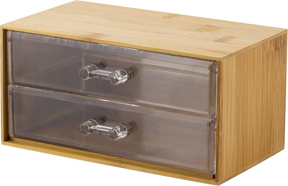 Simplify 2 Tier Cosmetic and Jewelry Holder | Drawer Organizer | Chest | Holds Make Up and Accessories | Bathroom Vanity Countertop & Dresser Storage | Clear & Bamboo
