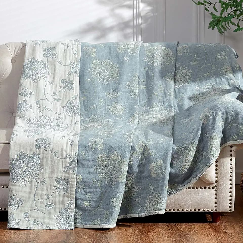 jinchan 100% Cotton Muslin Blanket Twin Boho Throw Blanket 50x60 Blue/White
