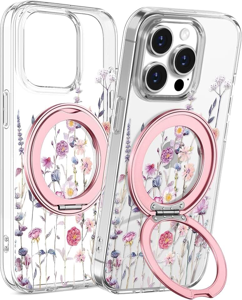 Loheckle Clear Case for iPhone 14 Pro Max with Stand, Purple Flower