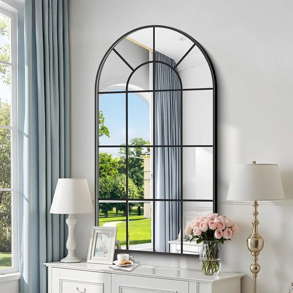 Arched Wall Mirror, 30x55 inch Window Pane Mirrors for Wall Decor, Black Arch Mirrors Wall Mounted, Black Frame Arched Mirror for Living Room Bedroom Entryway, Horizontal Hanging or Leaning Against