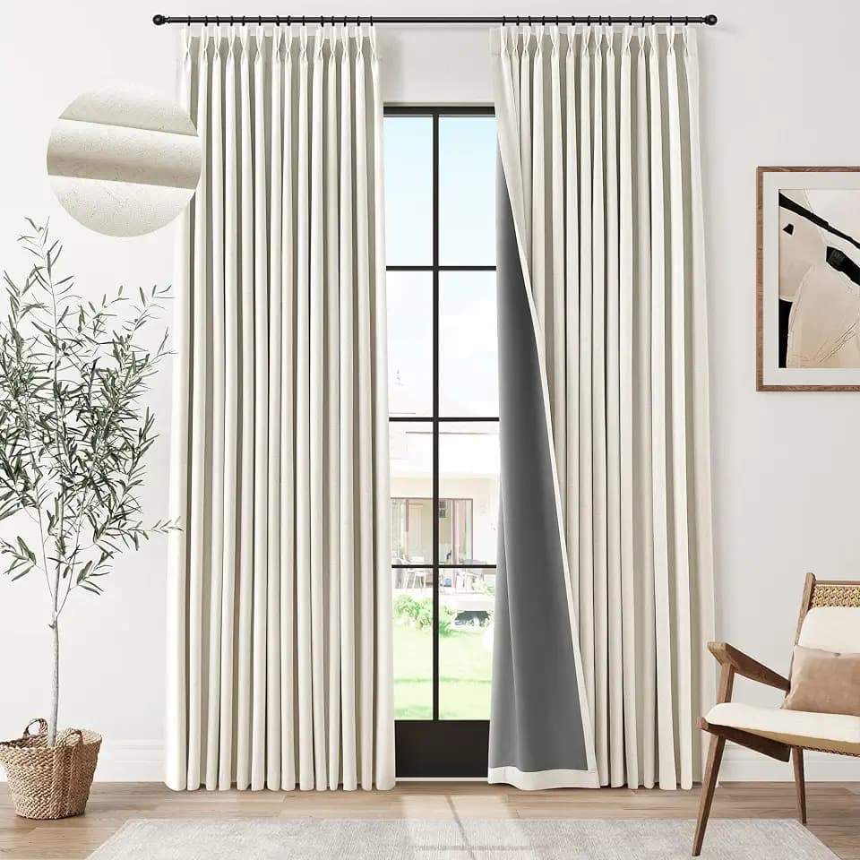 Joywell 100% Blackout Linen Pinch Pleated Curtains 96 in for Bedroom Cream
