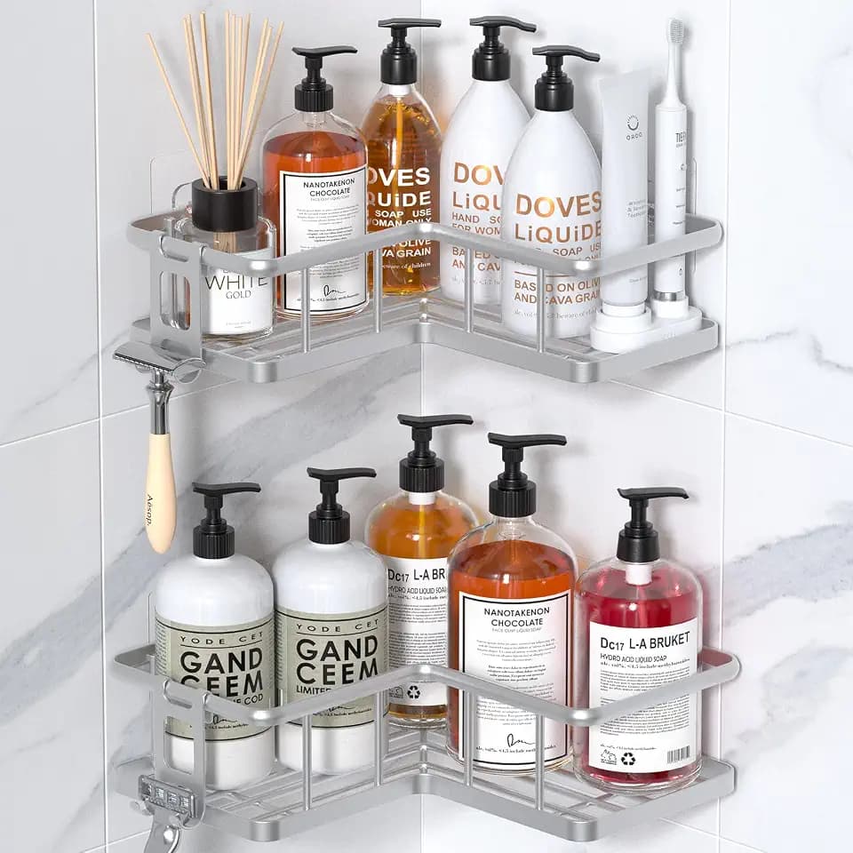 YASONIC Corner Shower Caddy Adhesive, 100% Rustproof Shower Organizer, No Drill Shower Shelf for Inside Shower, Wall-Mounted Shower Storage for Homes (2 Pack, Silver)