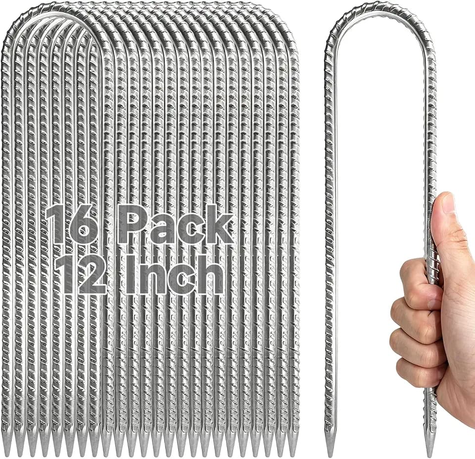 16Piece Tent Stakes Heavy Duty, 12 ’’ Rebar Stakes Ground Anchors High Wind, U Shape Galvanized Steel Trampoline Stakes for Camping Patio, Trampoline, Garden, Canopies, Outdoor(Silver, U Shape)