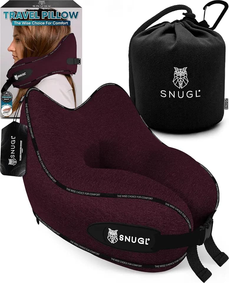 SNUGL Nackenkissen Memory Foam Waschbar & Verstellbar | Kuscheliges Nacken Reisekissen Für Flugzeug, Auto & Unterwegs | Reise-Kissen Nackenhörnchen, Neck Travel Pillow (Dunkelrot, Erwachsener Klein)