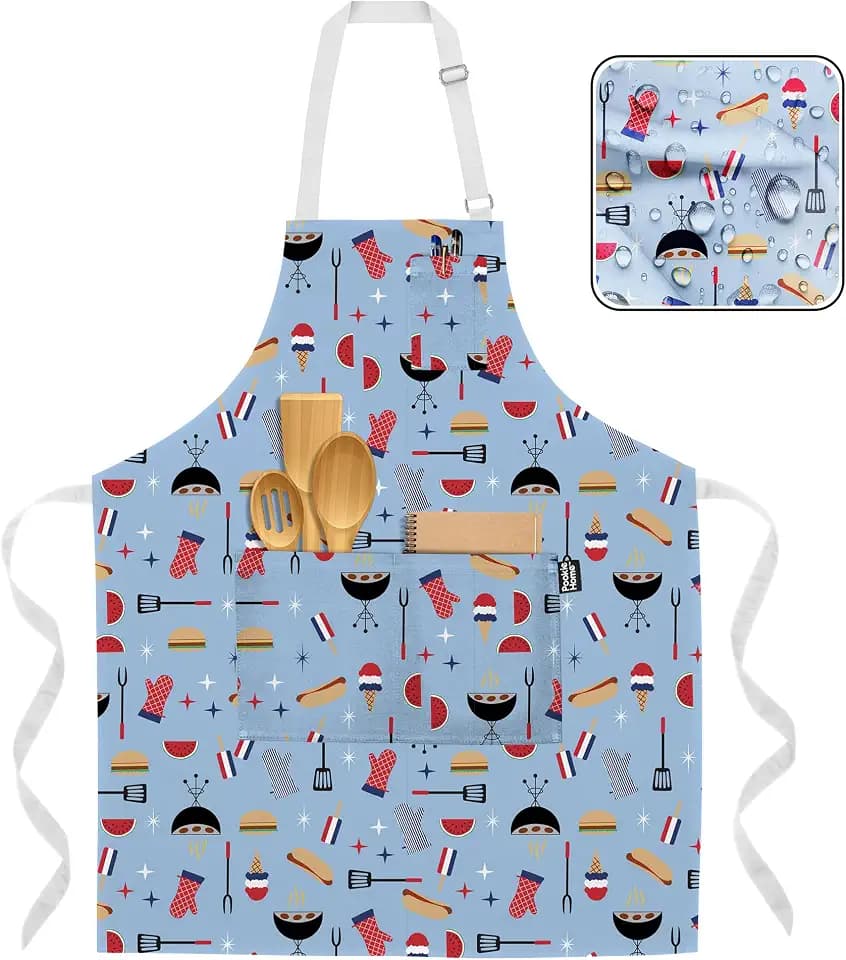 Professional Grade Premium Chef Kitchen Aprons for Cooking with Two Pockets, Water and Stain-Resistant, Machine Washable, Cute Cooking Aprons for Women and Men (Seasonal, Happy Summer)