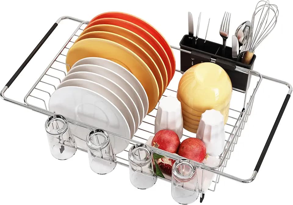 Over Sink Expandable Dish Drainer Drying Rack In Stainless Steel for Small Kitchen, Counter Space Saving Modern Compact Metal Above Plate Dryer Strainer, Adjustable Hanging Inside Drain Holder
