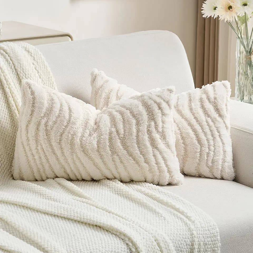 FUTEI Pack of 2 Faux Fur Throw Pillow Covers 12x20 Inch, Cream