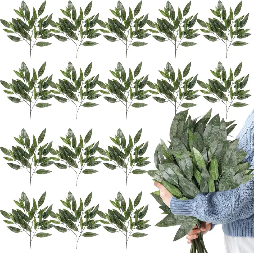 Suncalla 30 Pcs Artificial Mango Leaves Home Decor Simulation Hanging Green Mango Leaves for Wedding Bouquet, Arches, Filling Table Decorations, Home Decor Centerpieces