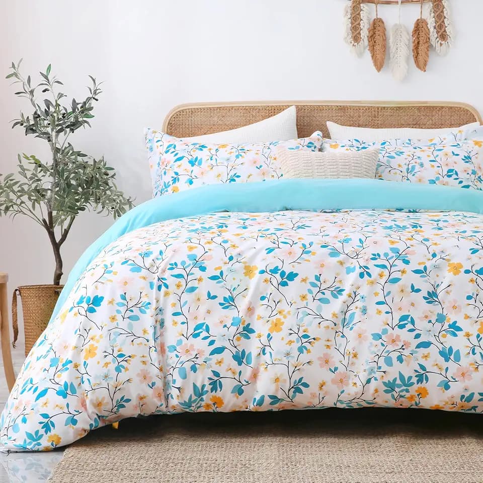 LONAVA Queen Botaincal 3 Pcs Duvet Cover Set, Breathable Soft Microfiber Sky Blue Lining Comforter Cover with Zipper Closure, and 2 Anti-Pilling, Fade Resistant Pillowcases, Sky Blue Flower