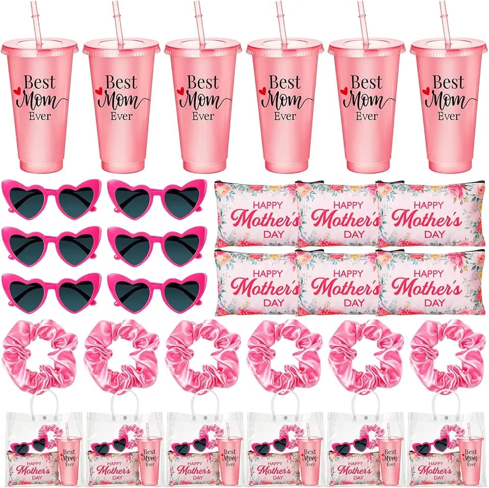 30 Pcs Happy Mother's Day Gifts Bulk Sets Include Mom Makeup Bags Best Mom Ever Tumbler Party Heart Glasses Pink Scrunchies and Clear Tote Bag for Women Mother Party Favors